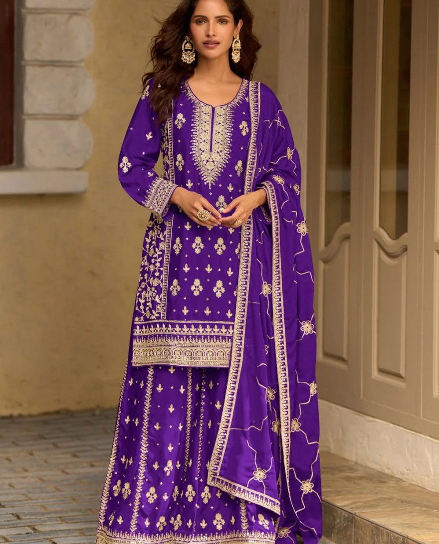 PURPLE - Urbane Purple Chinon Palazzo Salwar Suit with Embroidered, Sequins and Thread Work